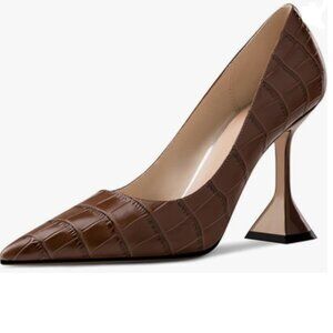 YDN Brown Alligator Pointed Toe Slip on Pumps Special High Heel Shoe for Lady